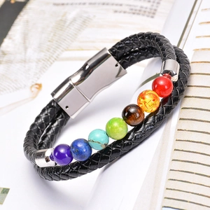Bracciale chakra in pelle con pietra lavica vulcanica e chiusura magnetica d'argento