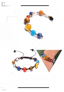 Detail view of handmade solar system bracelet with natural tiger eye and agate beads