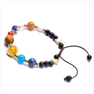 Close-up of galaxy theme bracelet with natural stone beads representing eight planets