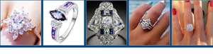 Detailed view of square micro-set cubic zirconia rings in silver and gold plating