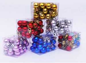 Detailed view of 2cm colorful plated Christmas ball sets in transparent PVC gift boxes