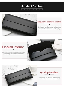 Detail of black leather sunglasses case showing soft protective flocking lining and flap