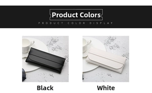 Detail showing high-quality black and white leather sunglasses cases in a modern tray