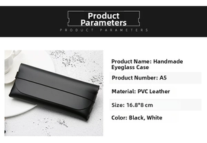 Detailed size chart for the handmade PVC leather eyewear case measuring 16.8x8 cm