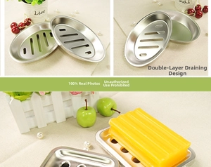 Close-up of double-layer stainless steel soap dish featuring a removable drainage design