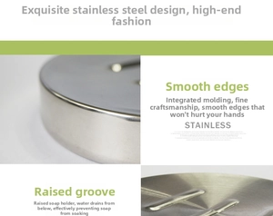 Macro detail of stainless steel soap dish featuring smooth edges and drainage slots