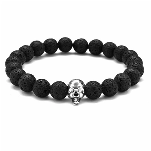 8mm black lava stone bead bracelet with a silver skull charm on a clean white background