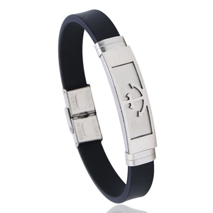 Men's black silicone bracelet with silver stainless steel anchor plate and folding clasp