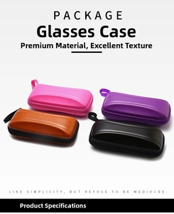 Detail of four colorful PU leather glasses cases with zippers and convenient lanyards