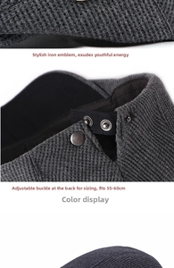 Detail of dark grey knit beret featuring waffle texture and adjustable metal buckle