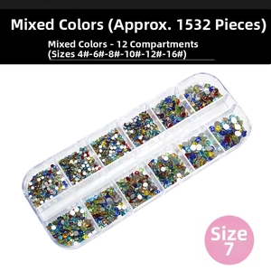 Detailed macro view of a 12-grid organizer box with 1532 multi-sized rhinestones for nail art