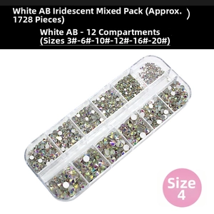 Macro view of 1728pcs White AB iridescent rhinestones in a 12-grid organizer box