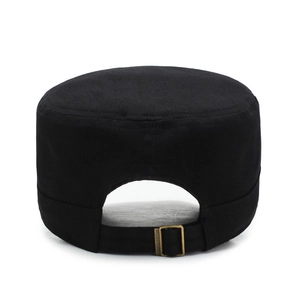 Adjustable black cotton flat top military cap with bronze metal buckle back view