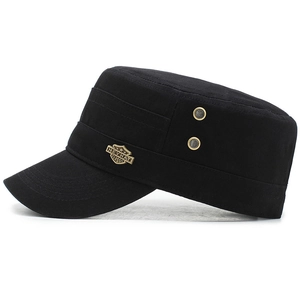 Classic black cotton flat top army cap with gold side badge and metal eyelets