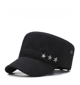 Detail view of cotton flat top military cap featuring silver star rivets and breathable eyelets