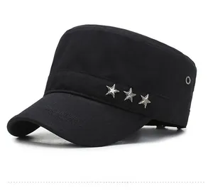 Side view detail of black cotton flat top army cap with silver star rivet decorations