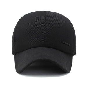 Men's winter corduroy baseball cap in black with sport logo and thick ear protection