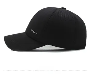 Detail view of black corduroy baseball cap with SPORT embroidery and textured fabric