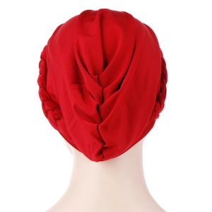 Red milk silk turban hat with twisted braided back detail shown from rear view