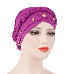 Detail of purple turban hat with braided design and gold beads on premium milk silk