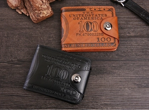 Detailed view of vintage bifold wallets with $100 bill pattern and metal snap closure