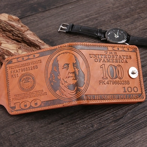 Retro brown bifold wallet with creative 100 US Dollar bill pattern and magnetic closure