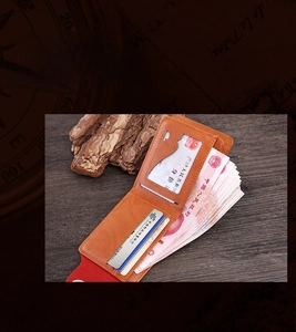 Detailed view of the brown leather wallet interior showing multiple card slots and cash pocket