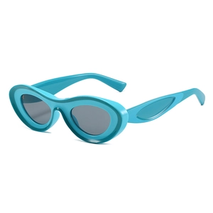 Retro small oval frame sunglasses in teal with dark grey polarized lenses on white background