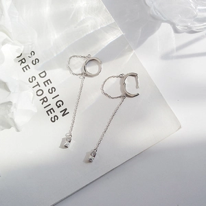 Silver hoop earrings with long chain tassels and rectangular zircon in a modern style