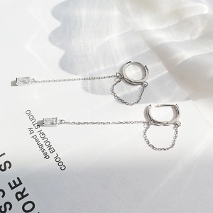 Silver long tassel chain earrings with rectangle cubic zirconia and stylish hoop design