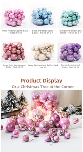 Detail of 37-pack pearl and glitter Christmas ornaments in pink, blue, and gold colors