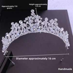 Detailed dimensions of silver rhinestone bridal crown with weight and size specifications