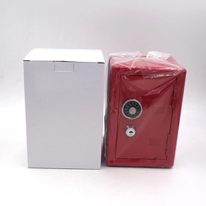 Mini cassaforte rossa in metallo con serratura meccanica e scatola d'imballaggio
