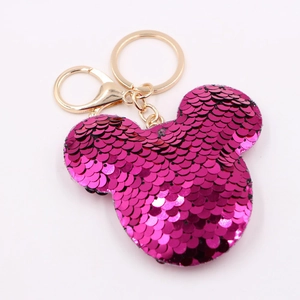 Sparkling rose red sequin Mickey head keychain with golden lobster clasp and ring