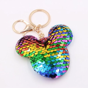 Macro shot of rainbow sequin Mickey head keychain with golden lobster clasp and ring