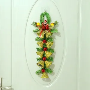 Christmas Pine Needle Bell String Door Hanging Ornament With Santa Claus Doll And Red Bow Festive Home Decoration