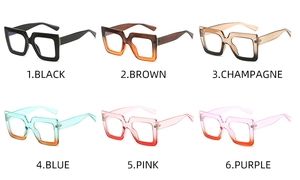 Collage of six square anti-blue light glasses in black, tea, champagne, and colorful frames