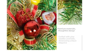 Detailed Christmas hanging decor with gold bell, red bow, Santa doll and pine needles