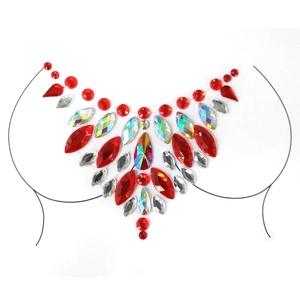 Red and iridescent crystal chest body jewelry stickers in a symmetric decorative pattern
