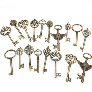 Assorted vintage bronze skeleton keys in various punk styles on white background