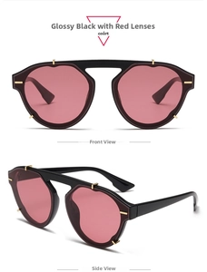 Front and side view of black frame sunglasses with red lenses and gold rivets