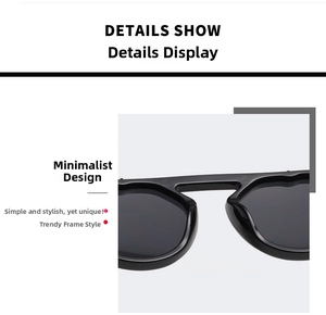 Detail view of the flat top bridge and polished black frame on fashion sunglasses