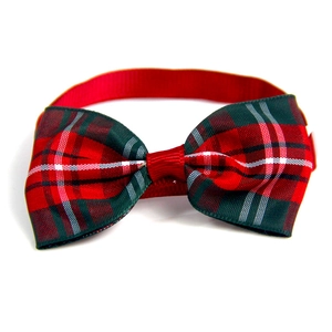 Detail of red and green tartan pet bowtie with elastic band for festive decoration