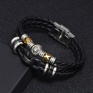Classic braided black leather zodiac bracelet with stainless steel clasp and metal beads