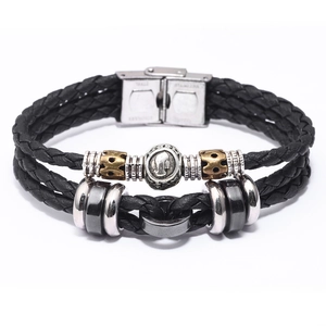 Braided leather zodiac bracelet with stainless steel clasp and metallic beads on white background