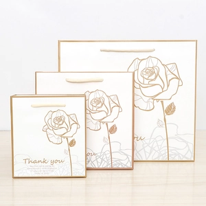 Paper Gift Bags With Gold Stamping Rose Floral Pattern Thank You Print Handled Wedding Favors Elegant Shopping Totes