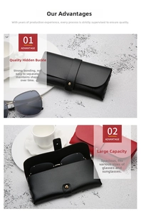 Close-up of pebble textured PU leather sunglasses case with gold metal snap button