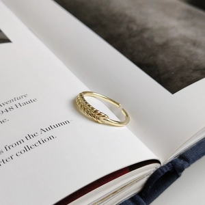 Detail shot of golden S925 sterling silver wheat pattern ring on a white book page