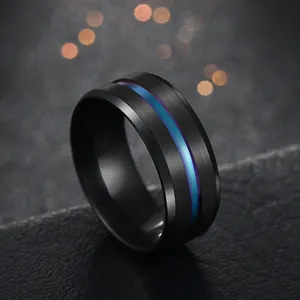Macro shot of 8mm brushed black titanium steel ring with blue-purple gradient groove