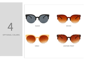Detail view of retro cat-eye semi-rimless sunglasses in black, brown, yellow and leopard